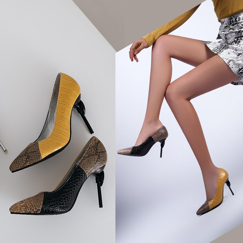 Bigsizeheels Sexy Stiletto Heel Pointed Toe Buckle Color Block Thin Shoes -Yellow/Brown freeshipping - bigsizeheel®-size5-size15 -All Plus Sizes Available!