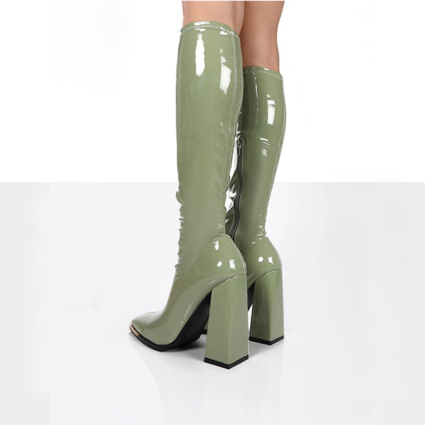 Bigsizeheels Concise square toe elastic patent leather boots -Green freeshipping - bigsizeheel®-size5-size15 -All Plus Sizes Available!