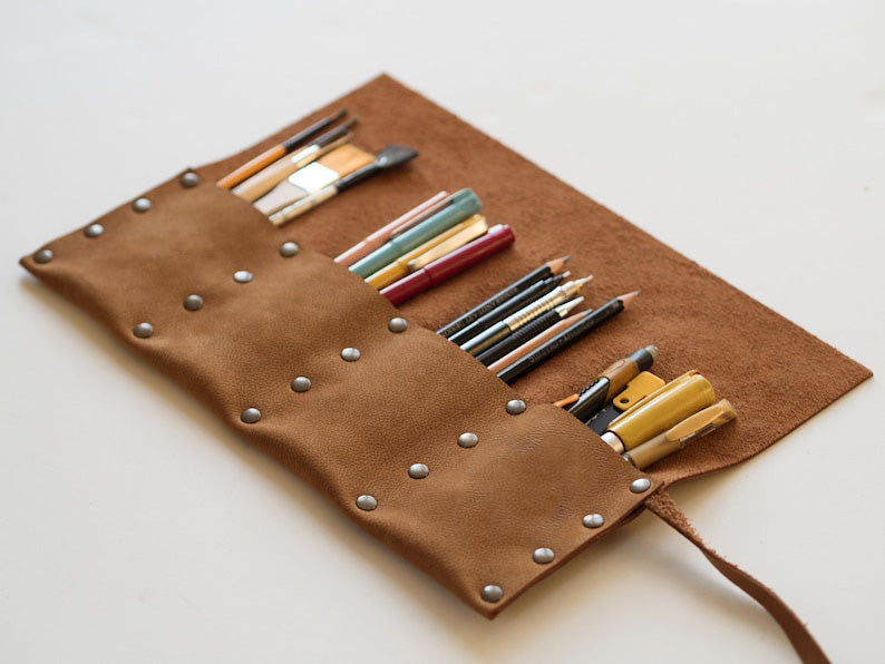 Leather pencil roll brush holder Artist Travel Roll box Tool organizer box Pencil case