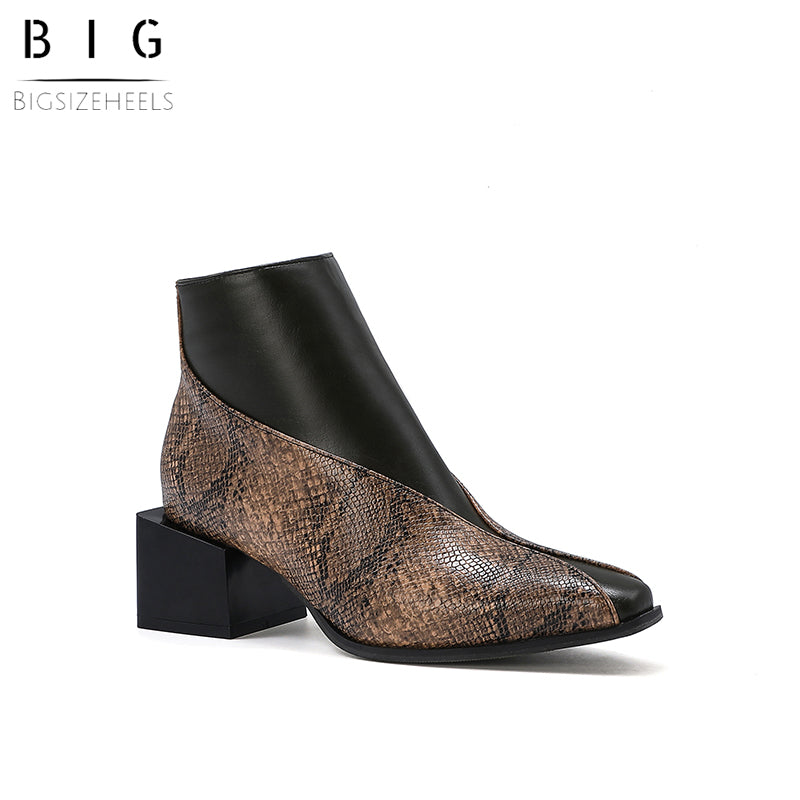 Bigsizeheels Jiek magazine stitching square heel ankle boots - Brown freeshipping - bigsizeheel®-size5-size15 -All Plus Sizes Available!