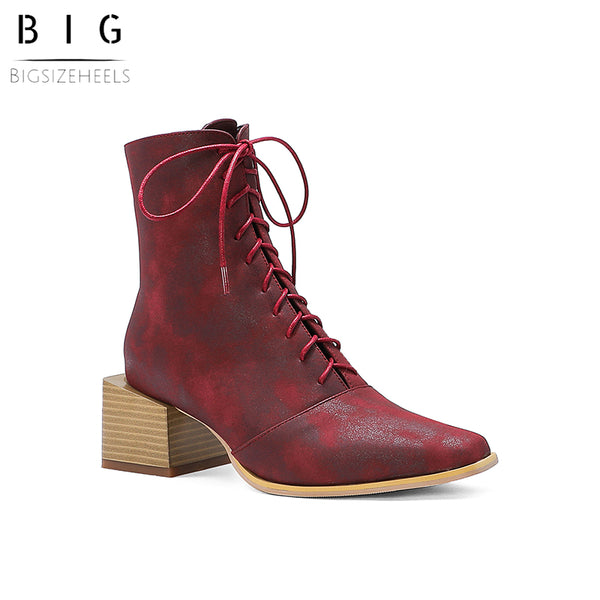 Bigsizeheels Frosted ankle boots with wooden heel straps - Red freeshipping - bigsizeheel®-size5-size15 -All Plus Sizes Available!