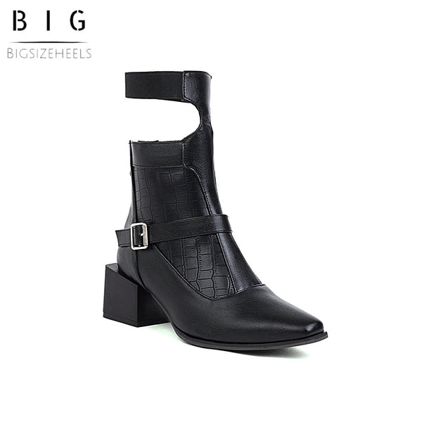 Bigsizeheels Asxl magazine square toe leather ankle boots - Black freeshipping - bigsizeheel®-size5-size15 -All Plus Sizes Available!
