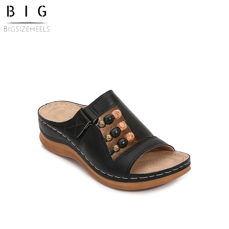 Bigsizeheels Vintage Beaded Boho Open Toe Wedge Roman Sandals
