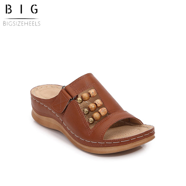Bigsizeheels Vintage Beaded Boho Open Toe Wedge Roman Sandals
