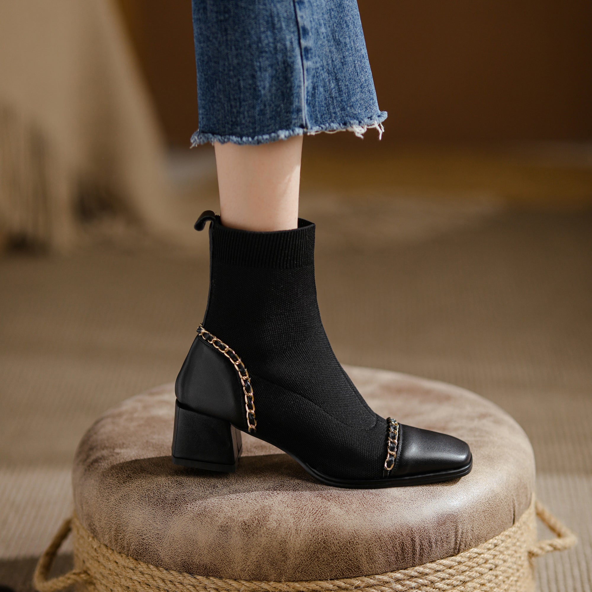 Bigsizeheels Square heel square toe stitching stretch ankle boots- Black freeshipping - bigsizeheel®-size5-size15 -All Plus Sizes Available!