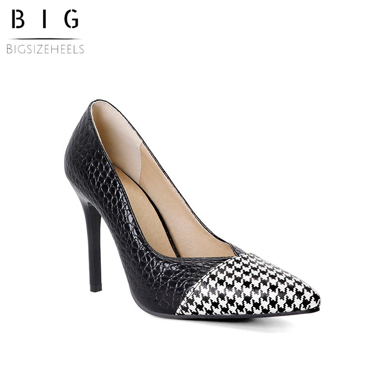 Bigsizeheels Houndstooth spliced pointy heels - Black freeshipping - bigsizeheel®-size5-size15 -All Plus Sizes Available!