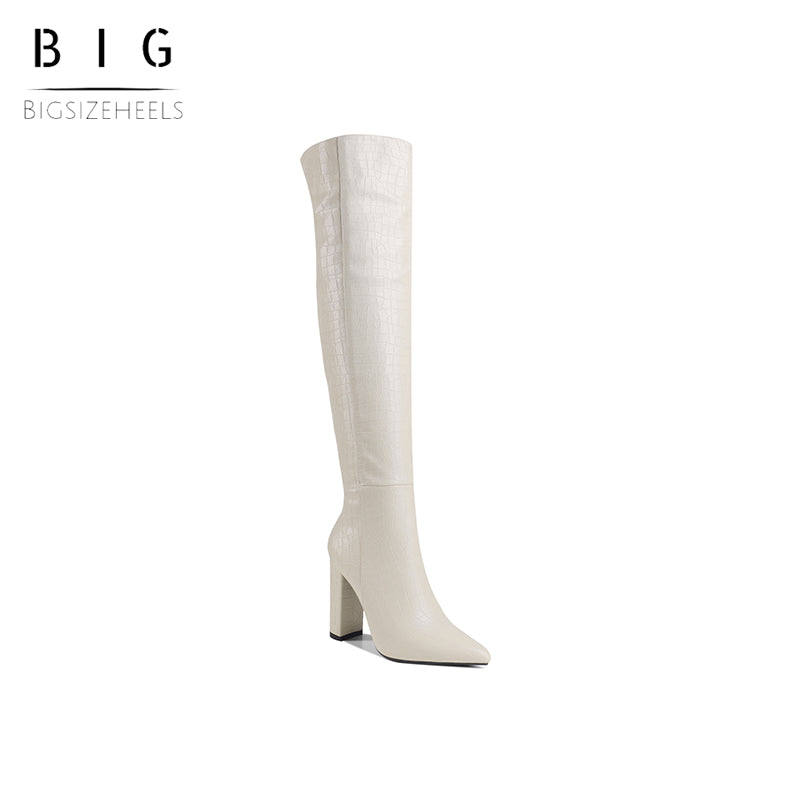 Bigsizeheels Embossed leather pointed toe chunky heel boots - White freeshipping - bigsizeheel®-size5-size15 -All Plus Sizes Available!