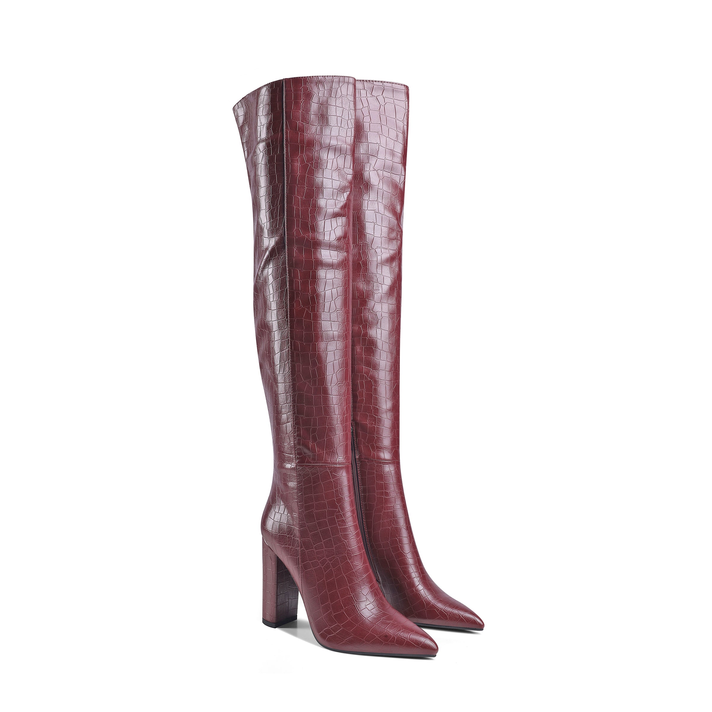 Bigsizeheels Embossed leather pointed toe chunky heel boots - Burgundy freeshipping - bigsizeheel®-size5-size15 -All Plus Sizes Available!