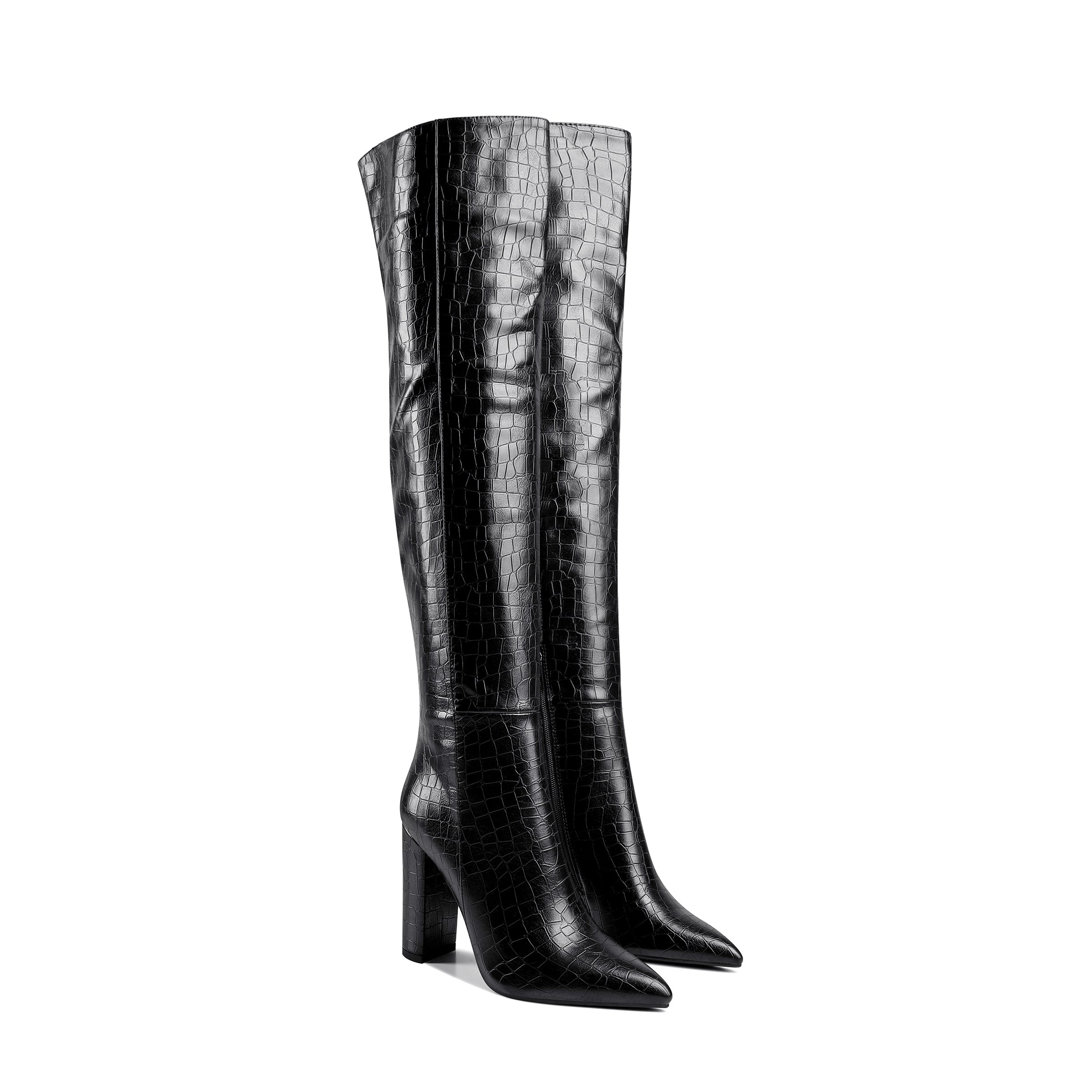 Bigsizeheels Embossed leather pointed toe chunky heel boots - Black freeshipping - bigsizeheel®-size5-size15 -All Plus Sizes Available!