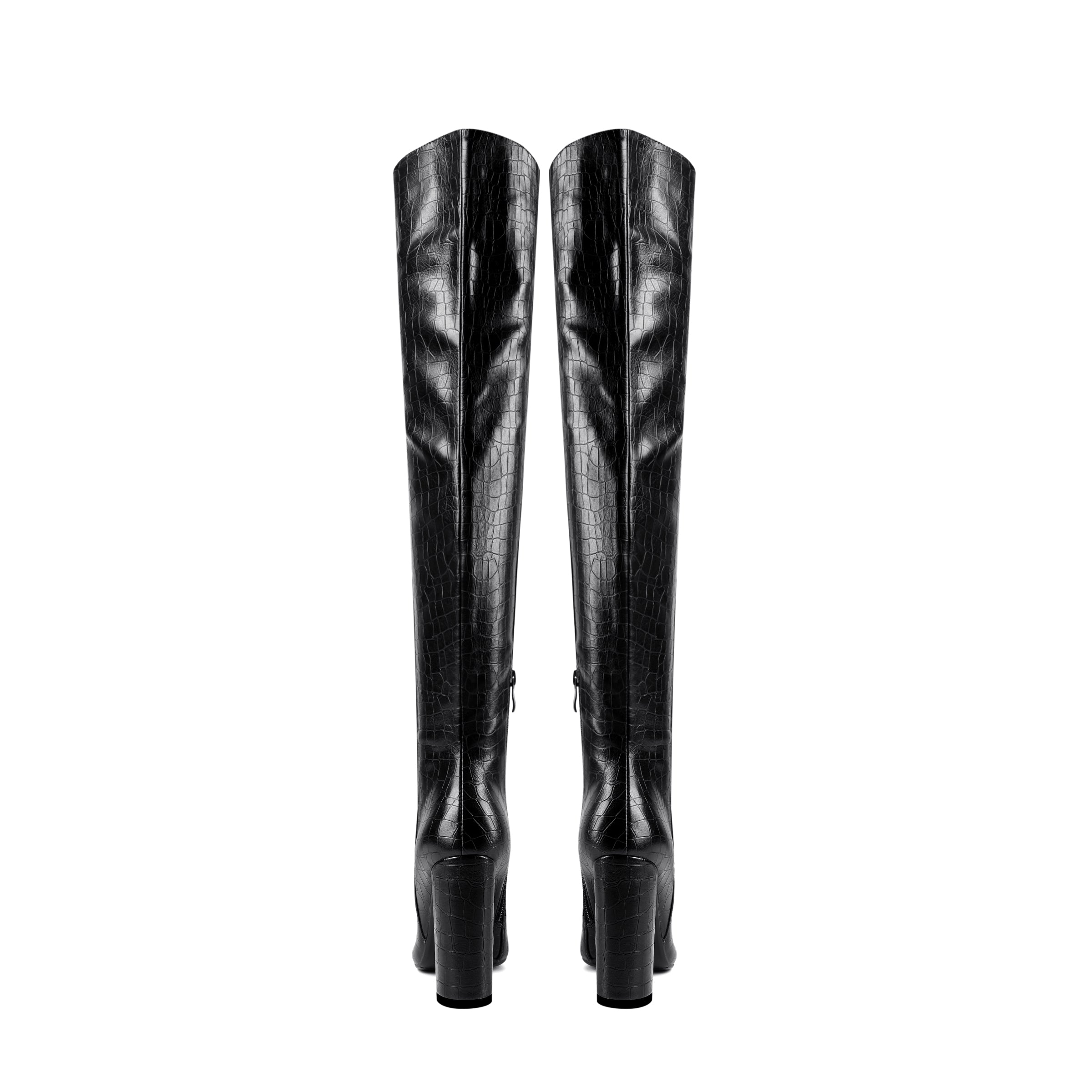 Bigsizeheels Embossed leather pointed toe chunky heel boots - Black freeshipping - bigsizeheel®-size5-size15 -All Plus Sizes Available!