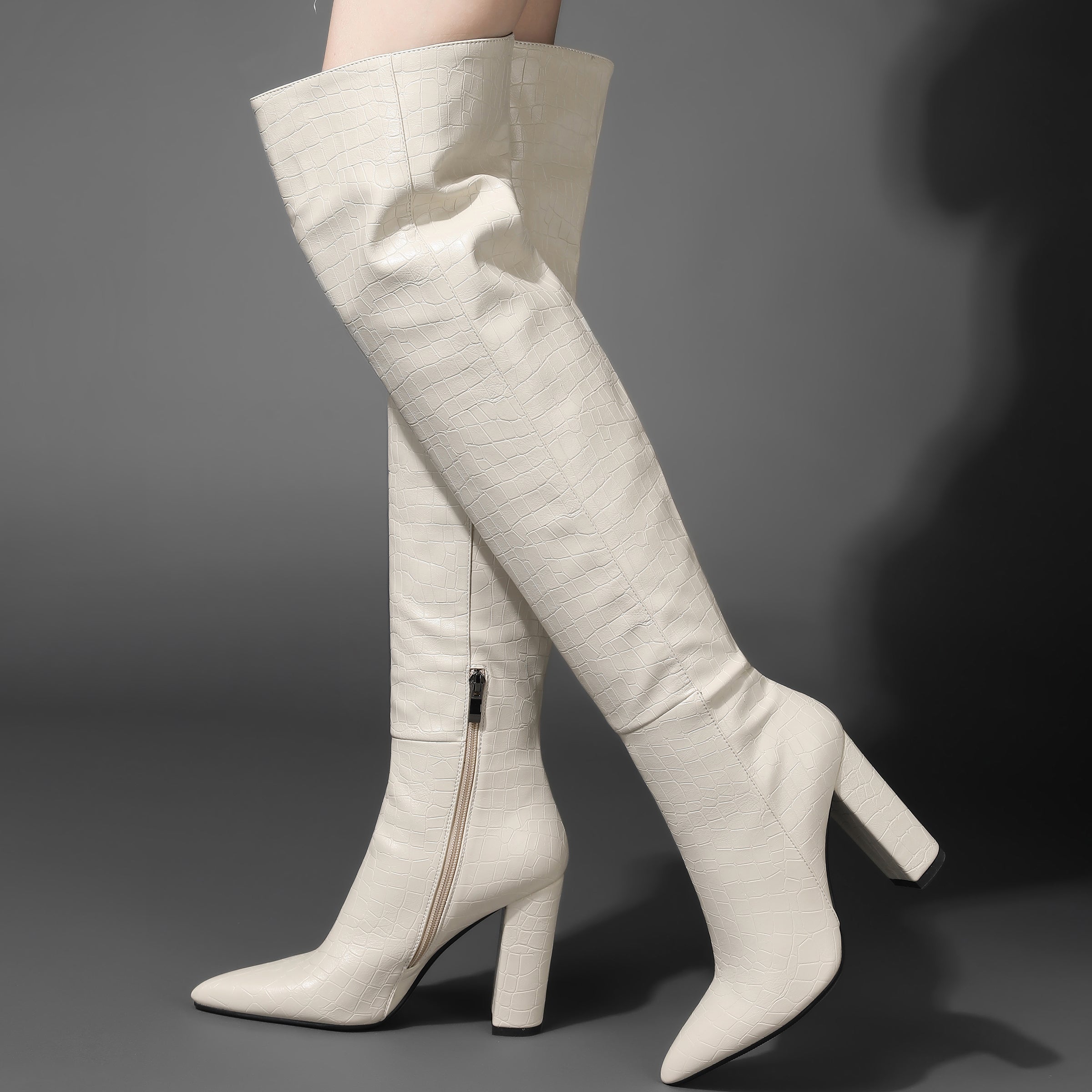 Bigsizeheels Embossed leather pointed toe chunky heel boots - White freeshipping - bigsizeheel®-size5-size15 -All Plus Sizes Available!