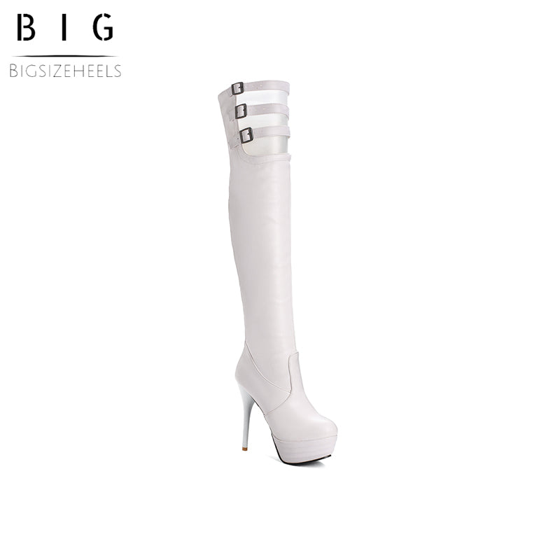 Bigsizeheels High heel over-the-knee boots with round toe waterproof platform - White freeshipping - bigsizeheel®-size5-size15 -All Plus Sizes Available!