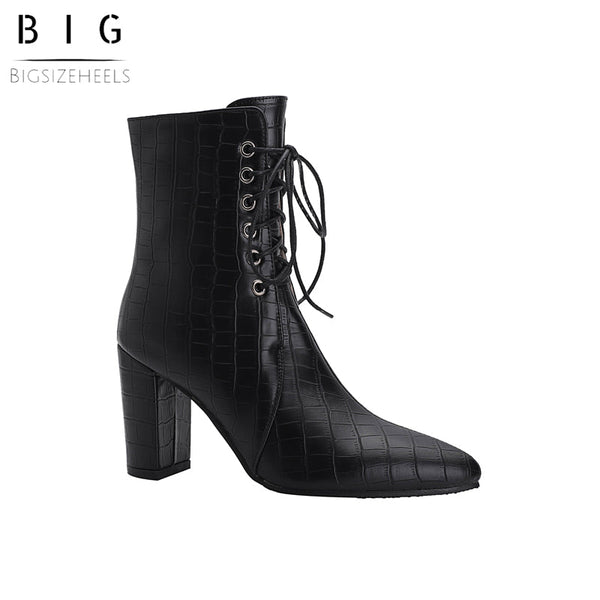 Bigsizeheels Pointed stone pattern chunky heel ankle boots - Black freeshipping - bigsizeheel®-size5-size15 -All Plus Sizes Available!