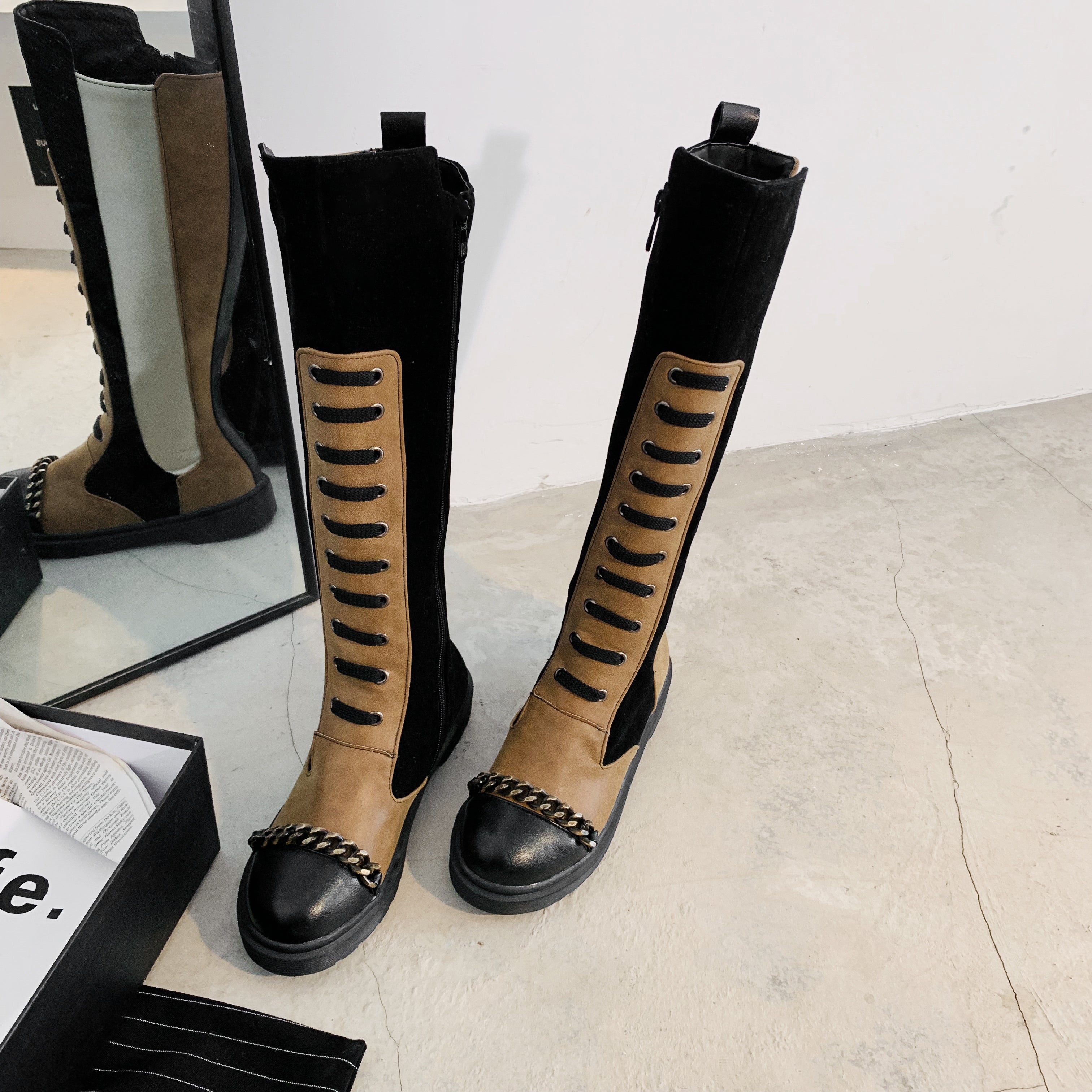 Bigsizeheels Round toe punk spliced flat boots - Brown freeshipping - bigsizeheel®-size5-size15 -All Plus Sizes Available!