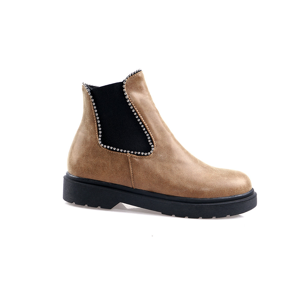 Bigsizeheels Thread Round Toe Slip-On Color Block Casual Boots - Brown freeshipping - bigsizeheel®-size5-size15 -All Plus Sizes Available!