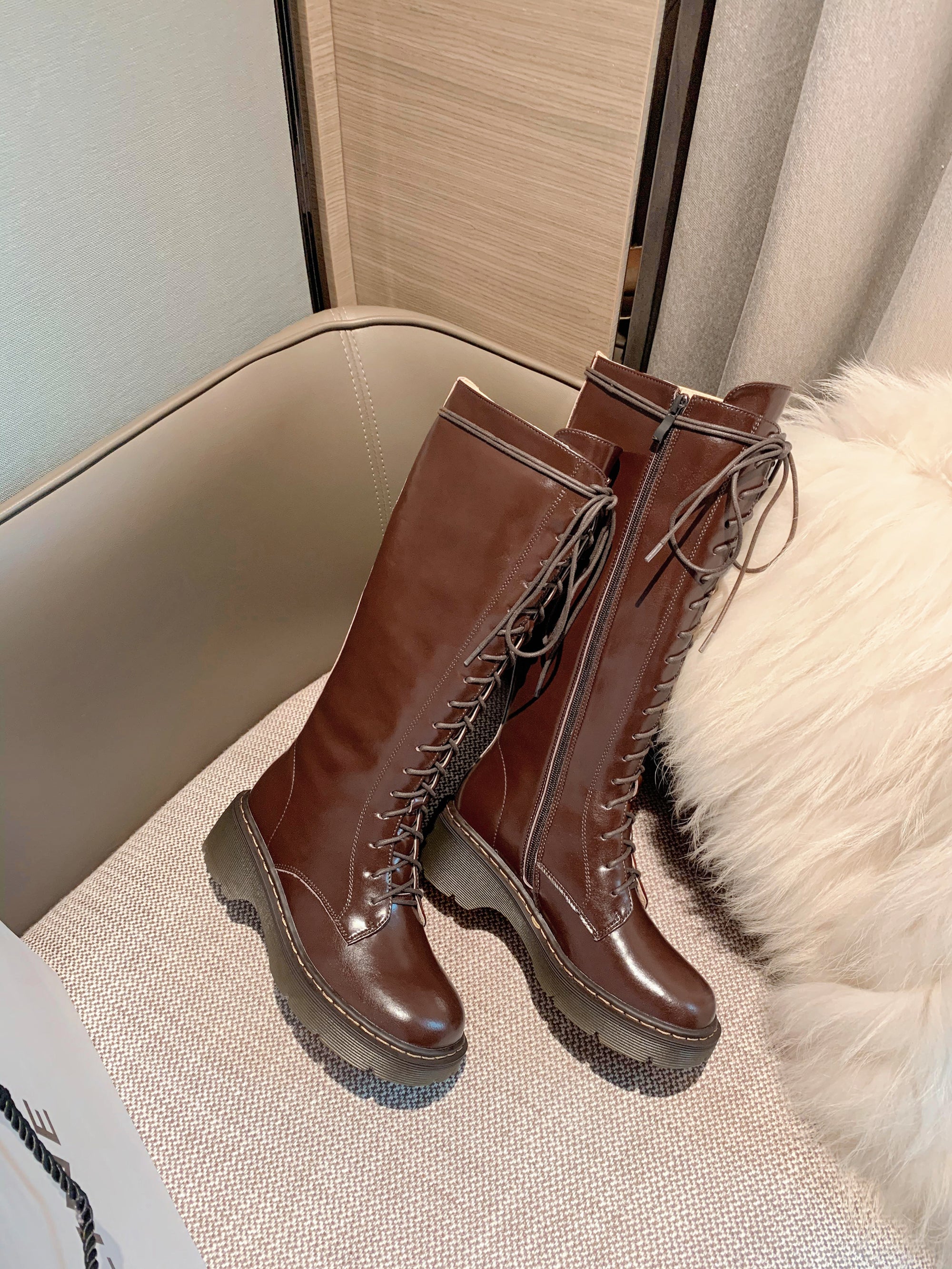 Bigsizeheels Horse oil leather + lamb hair stovepipe boots freeshipping - bigsizeheel®-size5-size15 -All Plus Sizes Available!