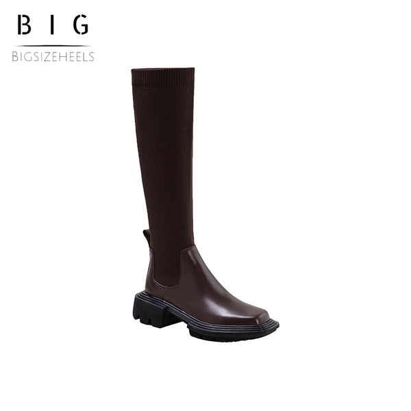 Bigsizeheels Thick-soled square toe leather stretch high socks boots - Brown freeshipping - bigsizeheel®-size5-size15 -All Plus Sizes Available!