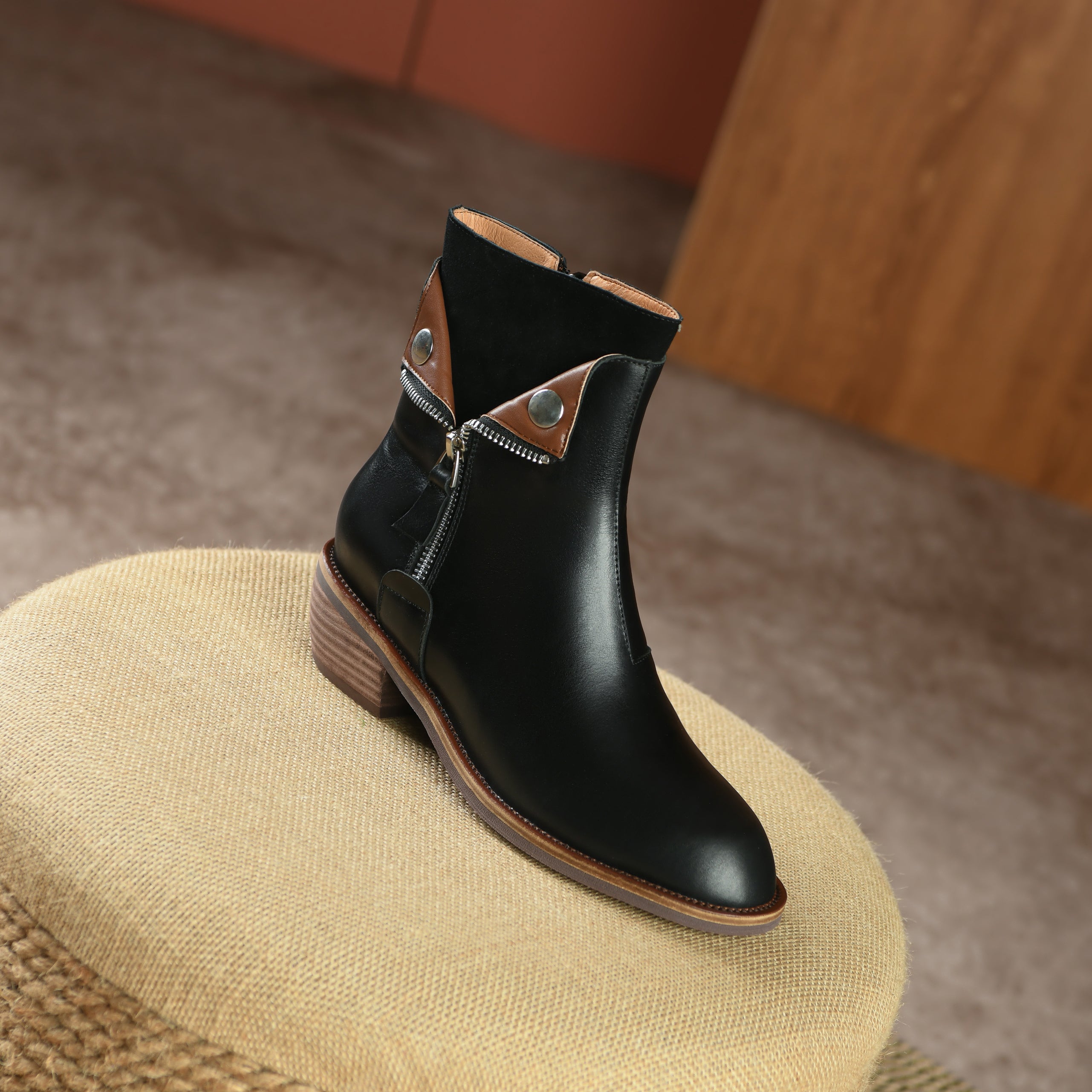 Bigsizeheels Polished round toe retro short boots - Black freeshipping - bigsizeheel®-size5-size15 -All Plus Sizes Available!