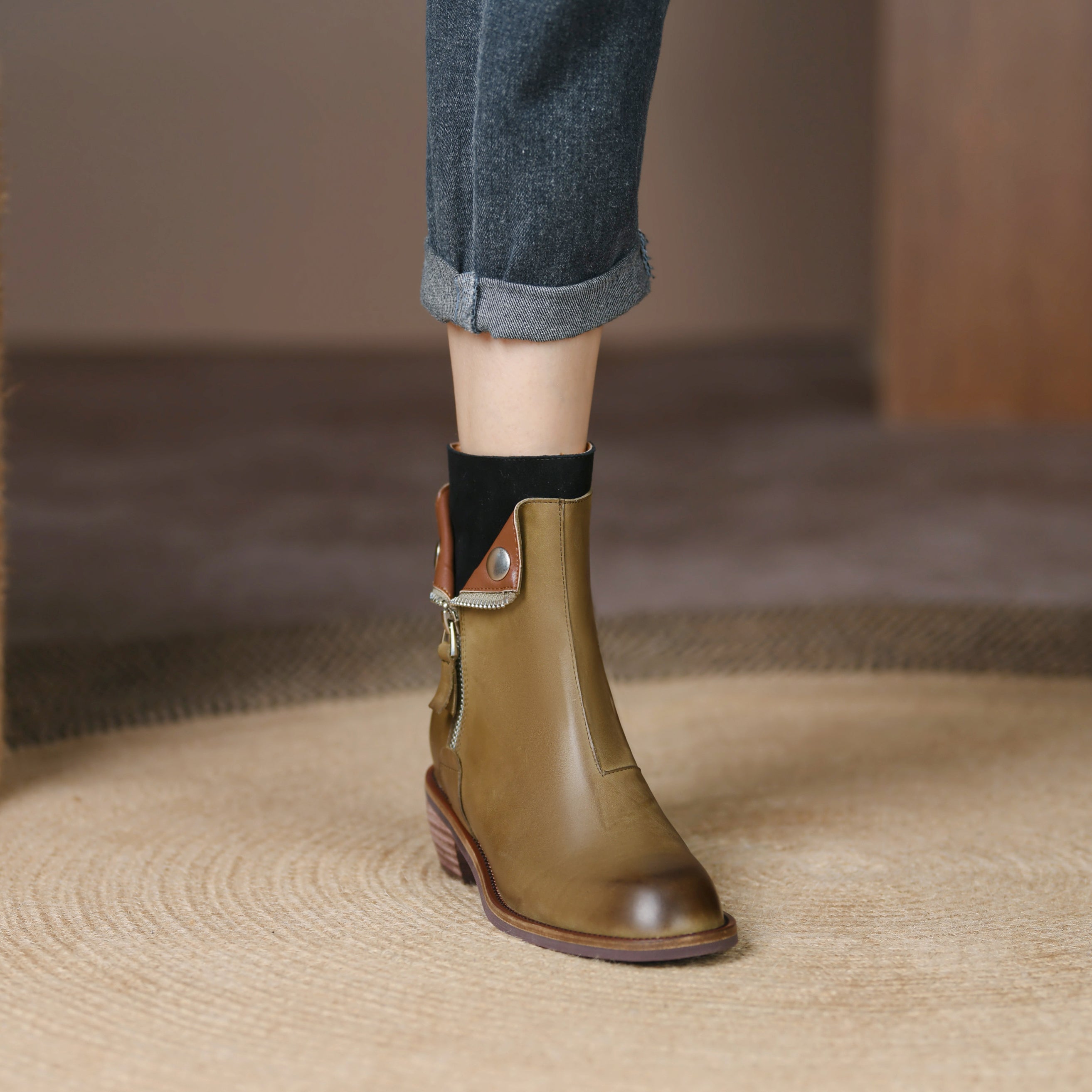 Bigsizeheels Polished round toe retro short boots - Green freeshipping - bigsizeheel®-size5-size15 -All Plus Sizes Available!