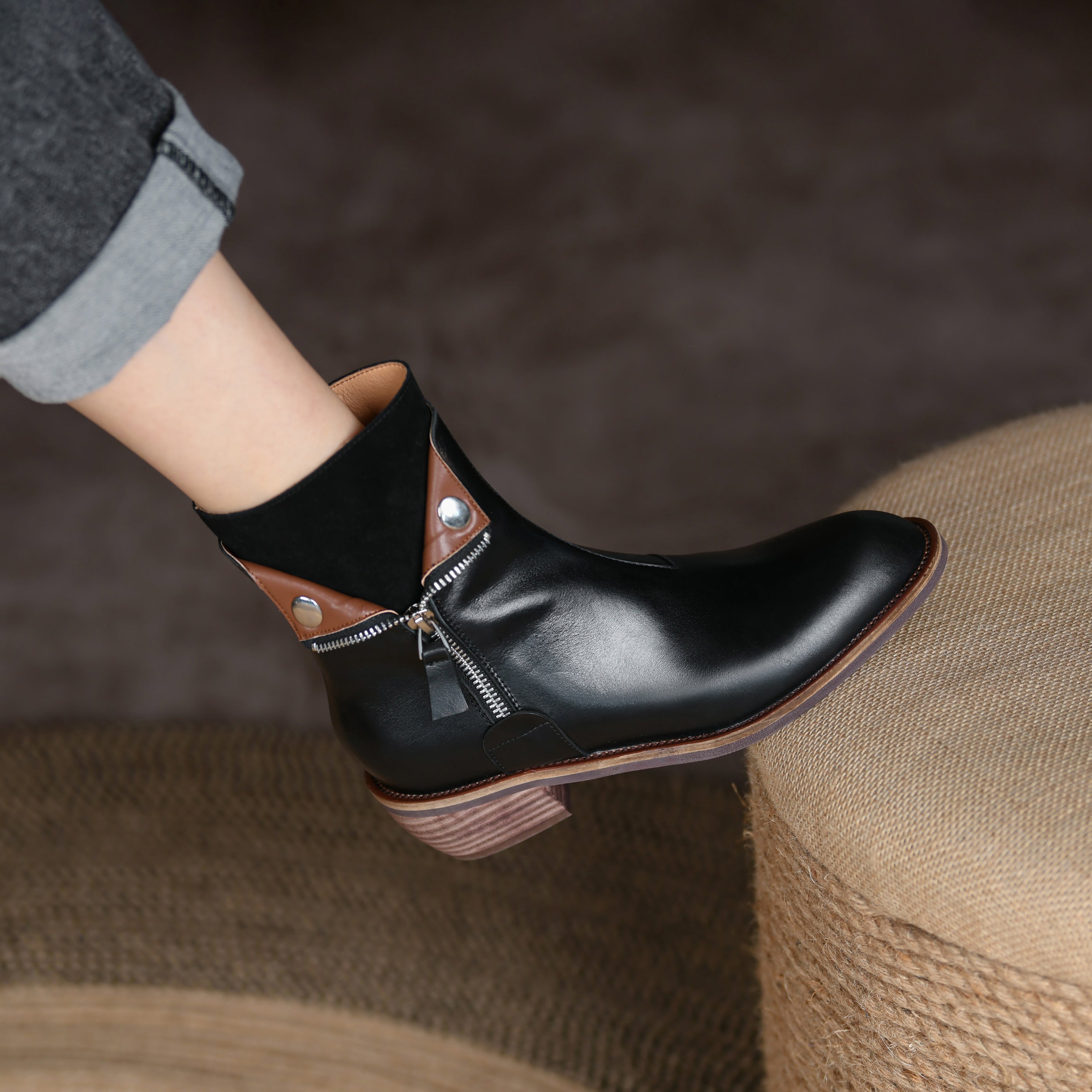 Bigsizeheels Polished round toe retro short boots - Black freeshipping - bigsizeheel®-size5-size15 -All Plus Sizes Available!