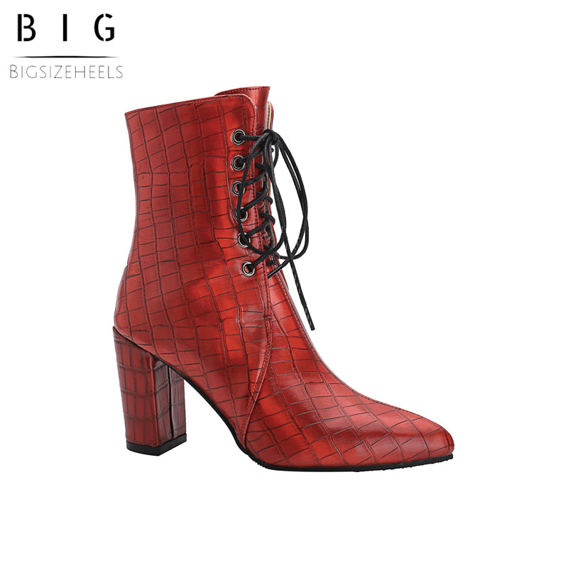 Bigsizeheels Pointed stone pattern chunky heel ankle boots - Red freeshipping - bigsizeheel®-size5-size15 -All Plus Sizes Available!