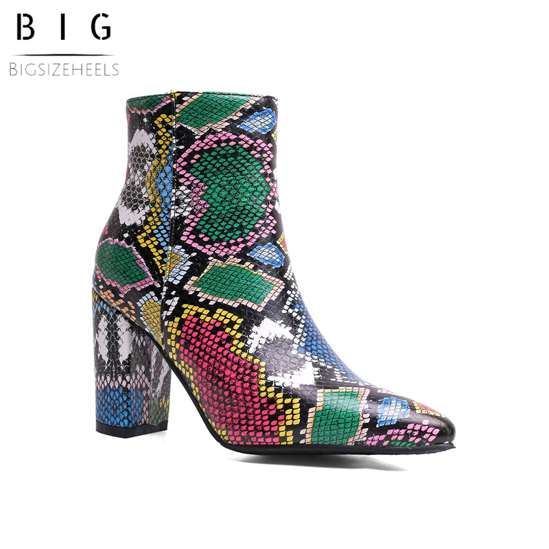 Plus Size Womens Shoes Bigsizeheels Vintage round toe python print short  boots - Green – bigsizeheels®