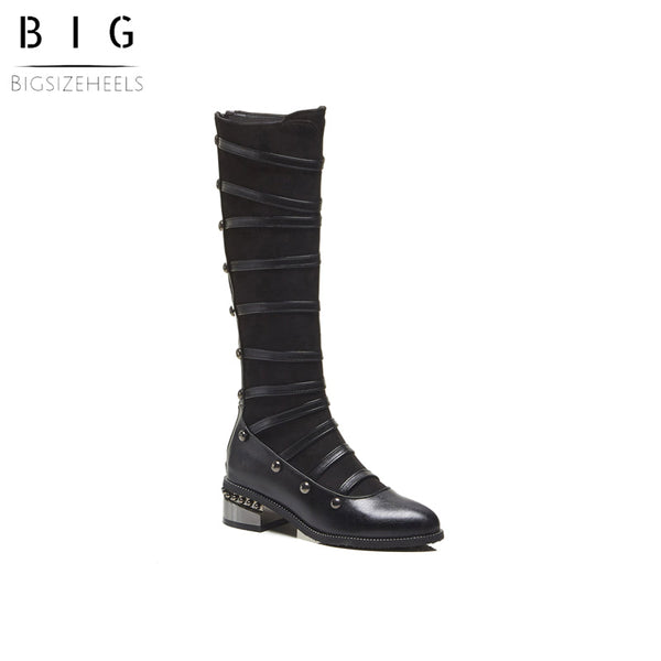 Bigsizeheels Punk strap rap knee boots - Black freeshipping - bigsizeheel®-size5-size15 -All Plus Sizes Available!