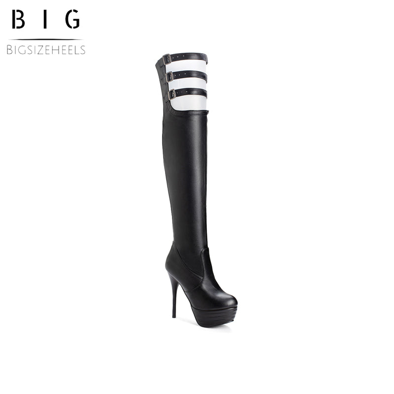 Bigsizeheels High heel over-the-knee boots with round toe waterproof platform - Black freeshipping - bigsizeheel®-size5-size15 -All Plus Sizes Available!