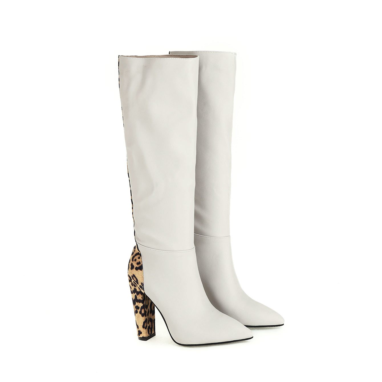 Bigsizeheels Pointed Leopard Print Block Heel Boots -White freeshipping - bigsizeheel®-size5-size15 -All Plus Sizes Available!