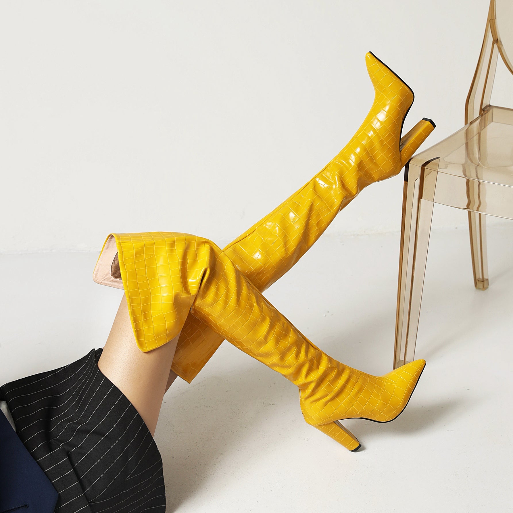 Bigsizeheels Shadow pattern pointed toe thick heel boots -Yellow freeshipping - bigsizeheel®-size5-size15 -All Plus Sizes Available!
