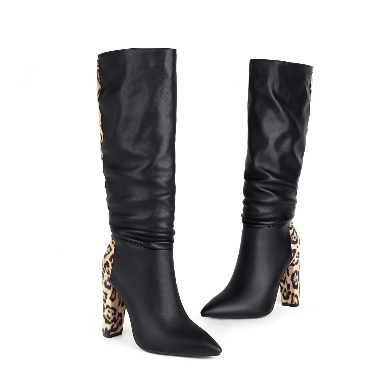 Bigsizeheels Pointed Leopard Print Block Heel Boots - Black freeshipping - bigsizeheel®-size5-size15 -All Plus Sizes Available!
