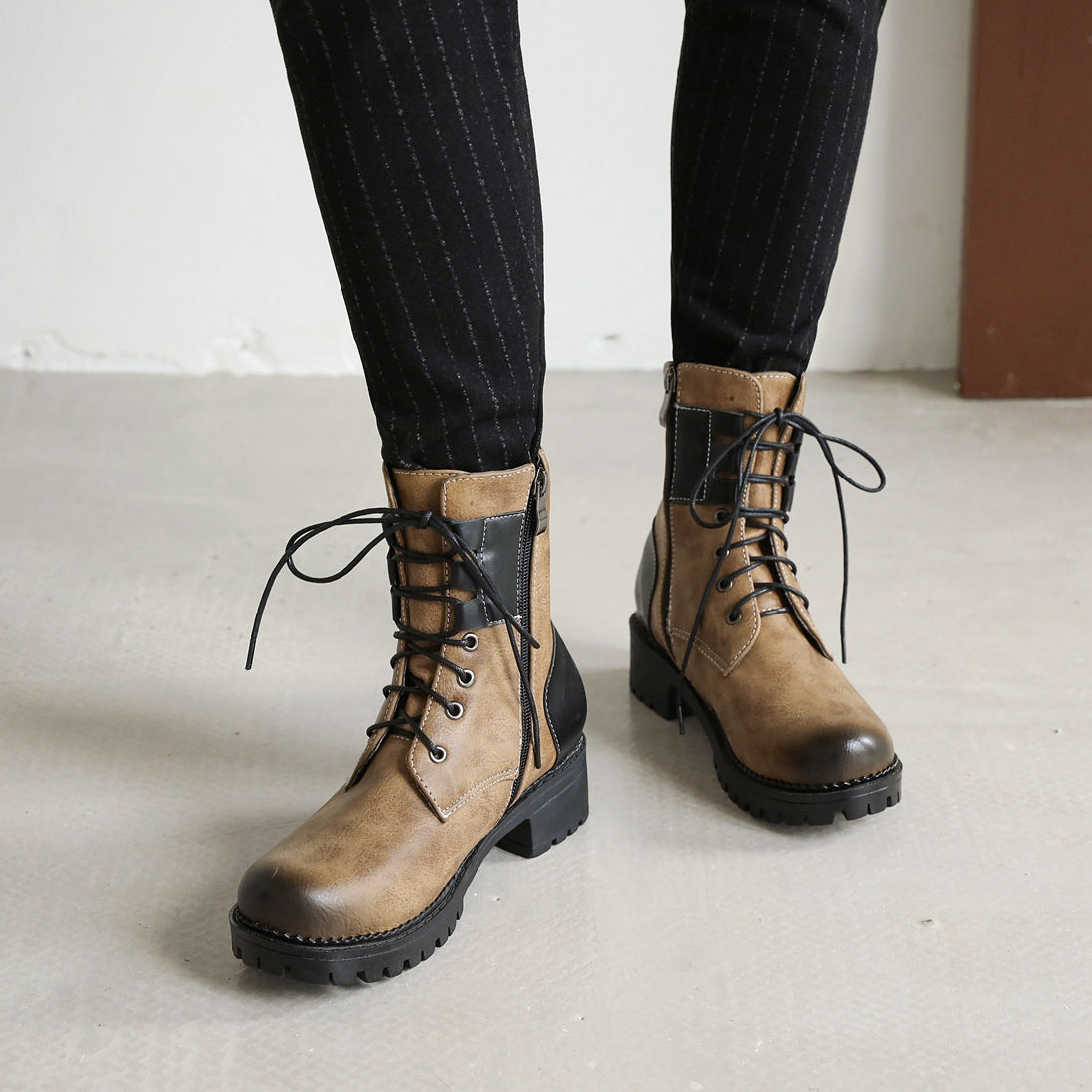 Bigsizeheels Colorblock retro fashion Martin boots - Brown freeshipping - bigsizeheel®-size5-size15 -All Plus Sizes Available!