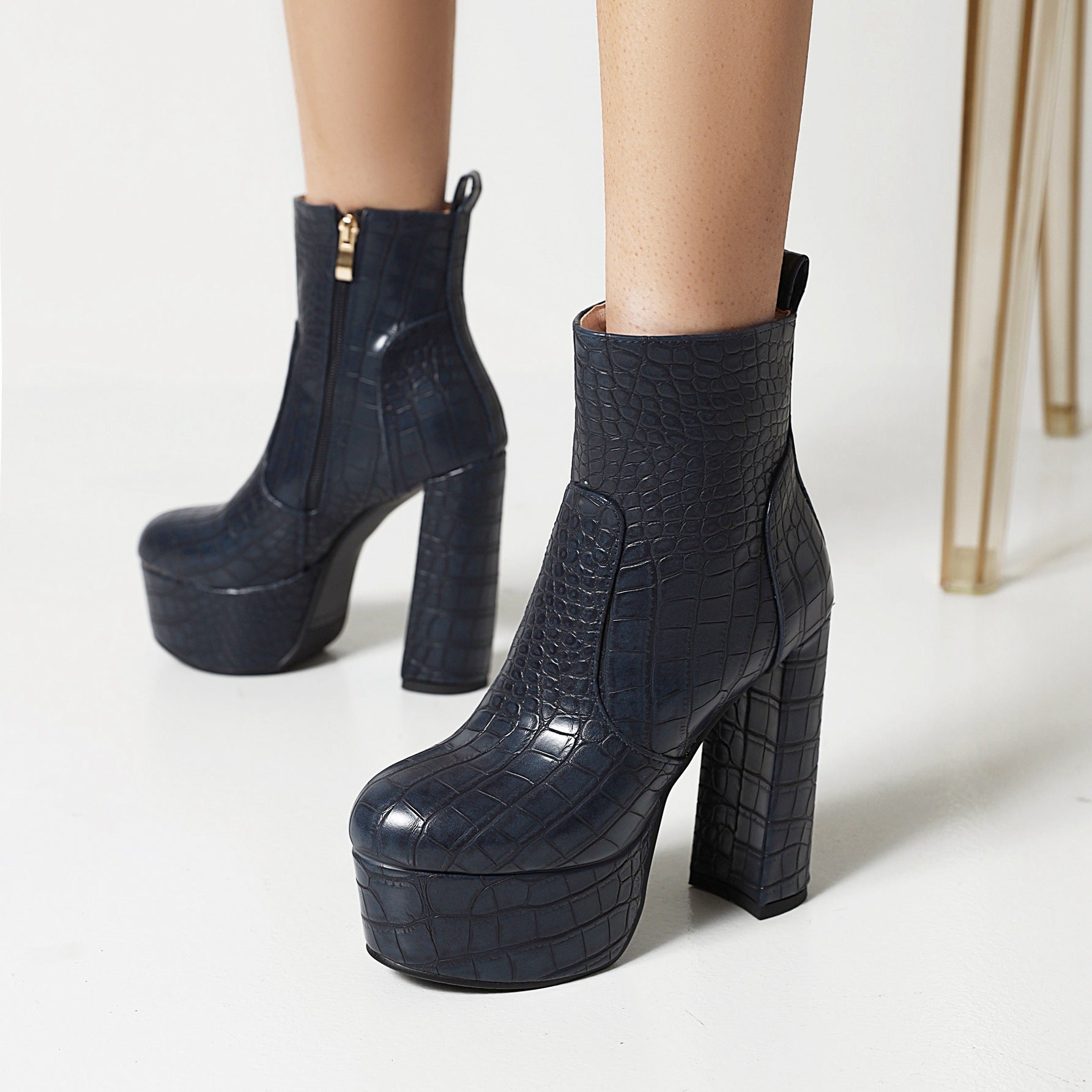 Bigsizeheels Fashion chunky heel platform side zipper boots - Blue-plus size/size 15