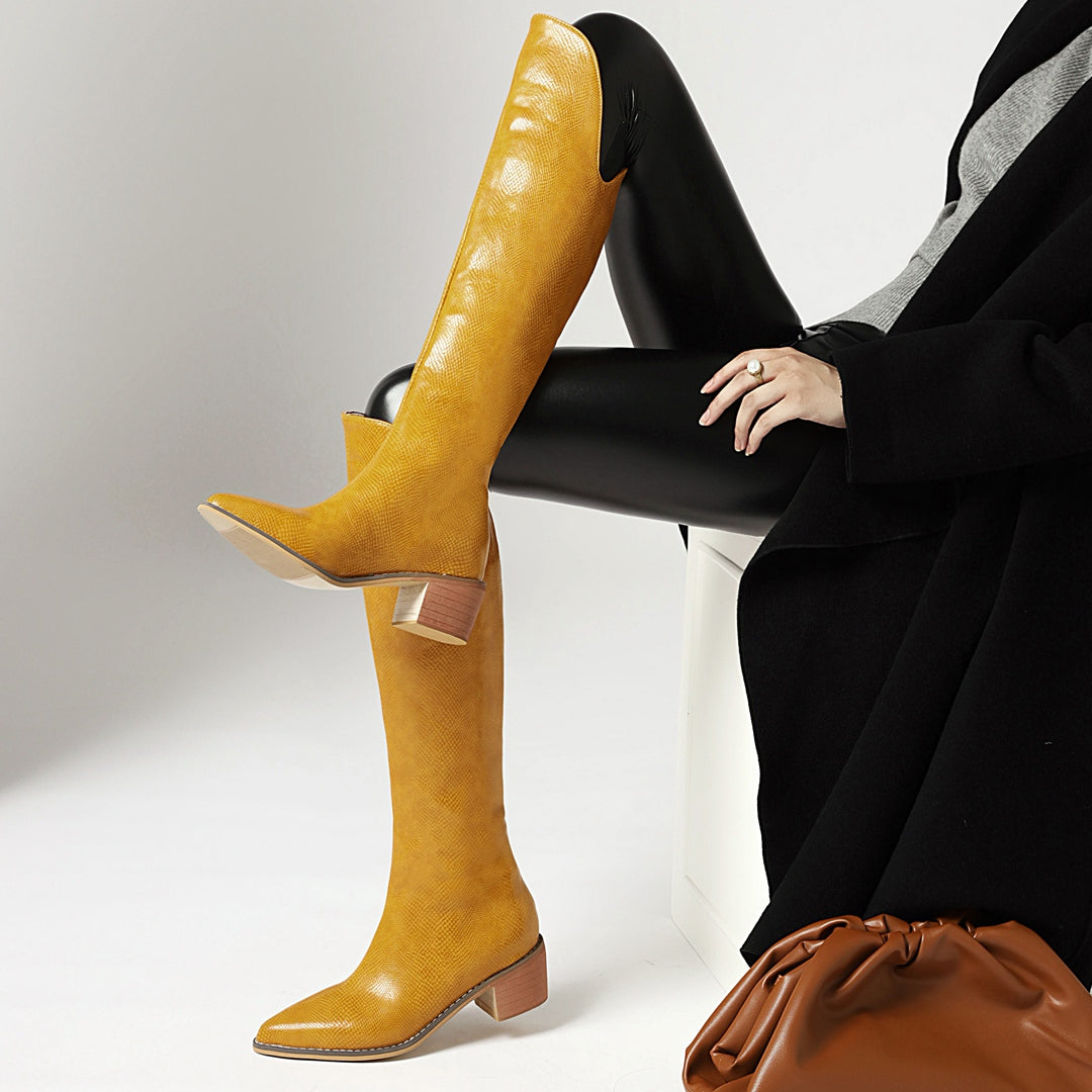 Bigsizeheels Thin snake print thick heel boots-Yellow freeshipping - bigsizeheel®-size5-size15 -All Plus Sizes Available!