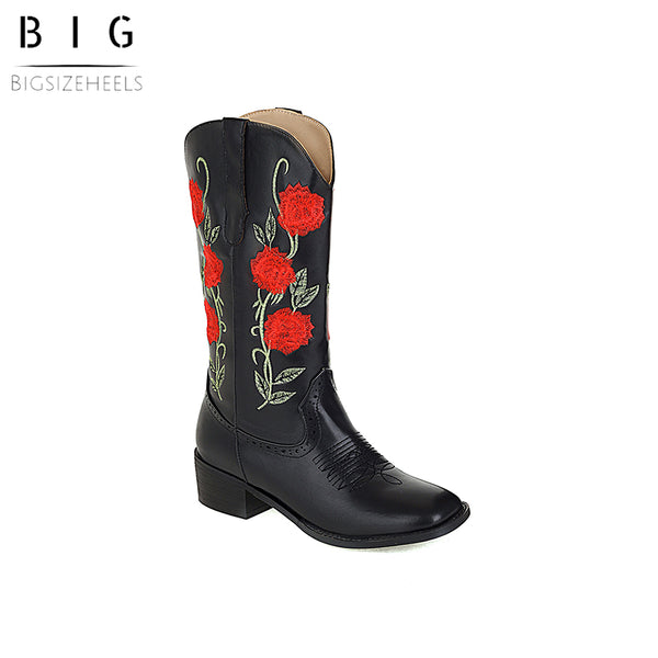 Bigsizeheels Western vintage flowers embroidered boots - Black freeshipping - bigsizeheel®-size5-size15 -All Plus Sizes Available!