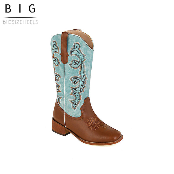 Bigsizeheels Western vintage blue embroidered boots - Blue freeshipping - bigsizeheel®-size5-size15 -All Plus Sizes Available!