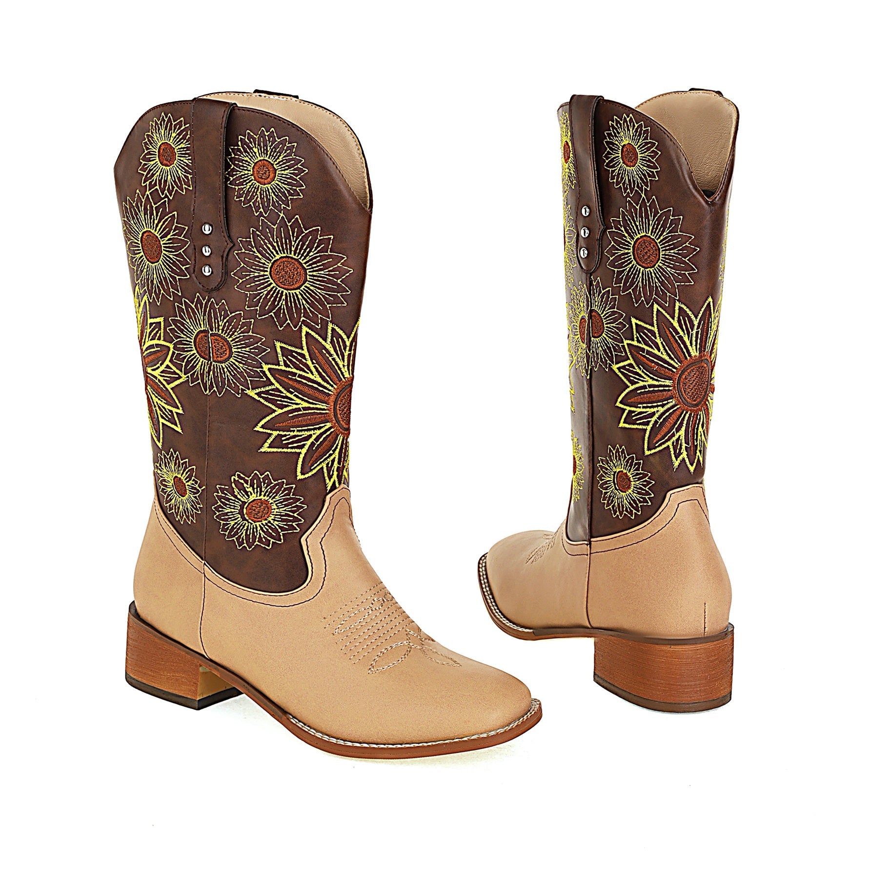 Bigsizeheels Western vintage Sunflower embroidery boots - Pale brown freeshipping - bigsizeheel®-size5-size15 -All Plus Sizes Available!