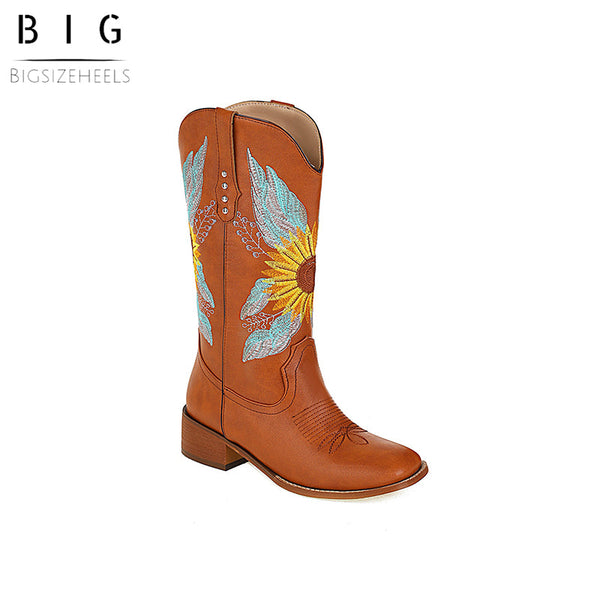 Bigsizeheels Western vintage Sunflower embroidery boots - Brown freeshipping - bigsizeheel®-size5-size15 -All Plus Sizes Available!