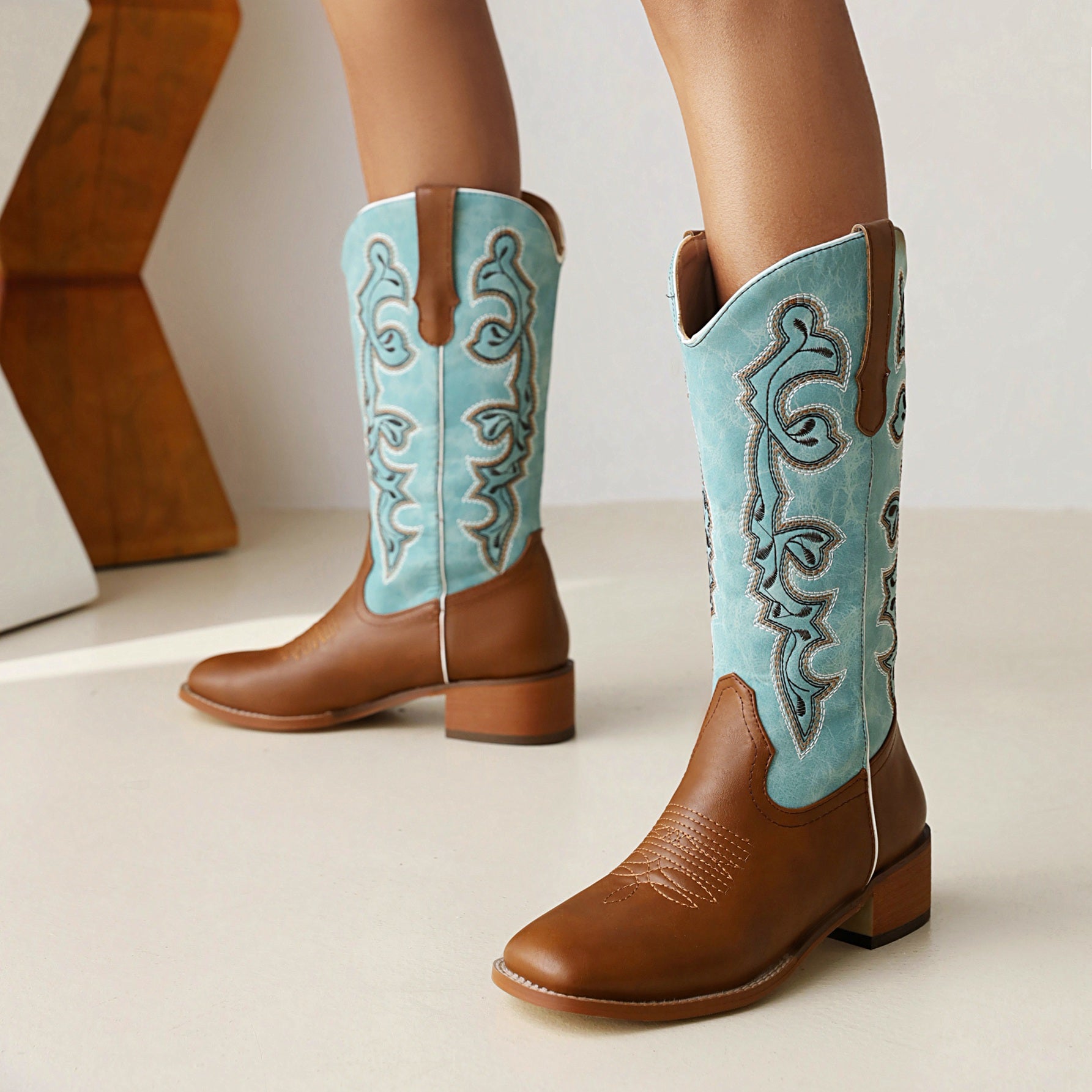 Bigsizeheels Western vintage blue embroidered boots - Blue freeshipping - bigsizeheel®-size5-size15 -All Plus Sizes Available!