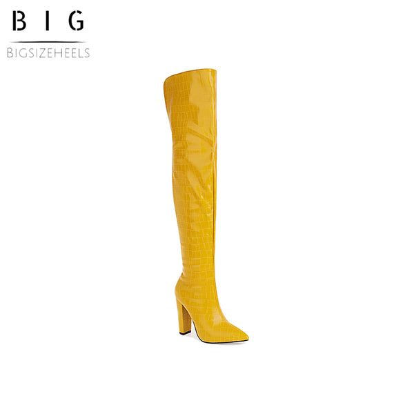 Bigsizeheels Shadow pattern pointed toe thick heel boots -Yellow freeshipping - bigsizeheel®-size5-size15 -All Plus Sizes Available!