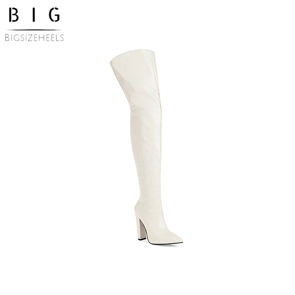 Bigsizeheels Shadow pattern pointed toe thick heel boots -White freeshipping - bigsizeheel®-size5-size15 -All Plus Sizes Available!
