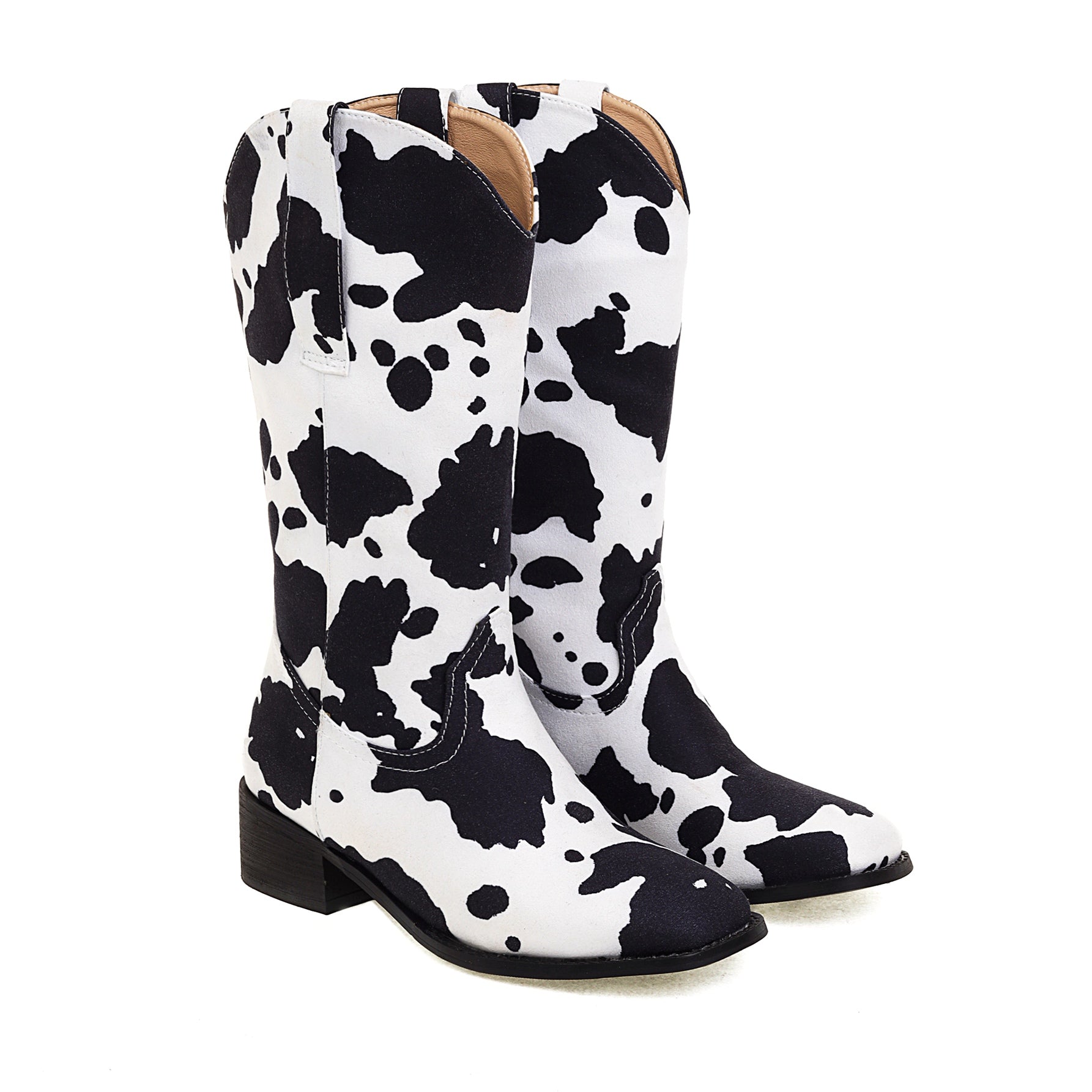Bigsizeheels Western vintage Cow pattern boots - White/Black freeshipping - bigsizeheel®-size5-size15 -All Plus Sizes Available!