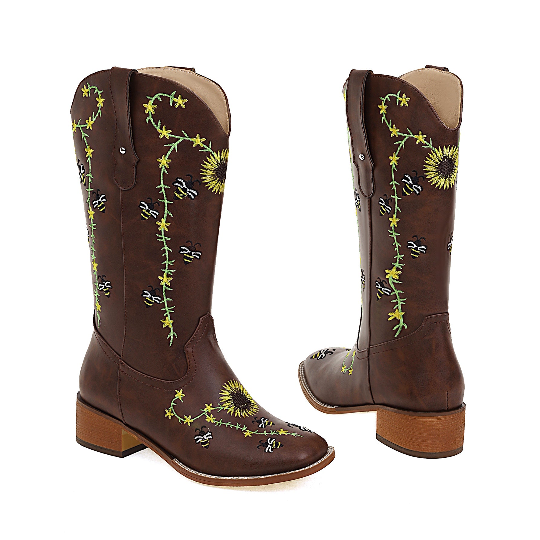 Bigsizeheels Western vintage Sunflowers embroidered boots - Brown freeshipping - bigsizeheel®-size5-size15 -All Plus Sizes Available!