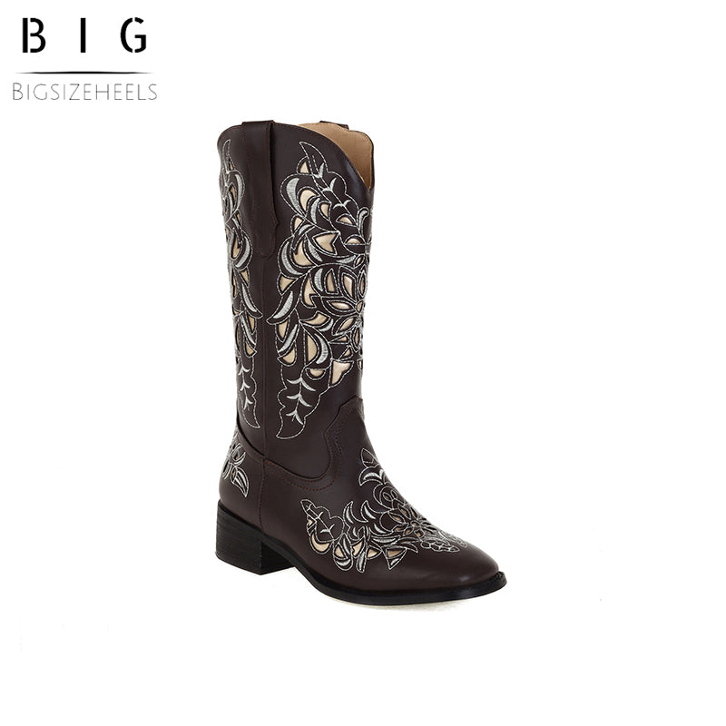 Bigsizeheels Western vintage Carved embroidery boots - Deep brown freeshipping - bigsizeheel®-size5-size15 -All Plus Sizes Available!