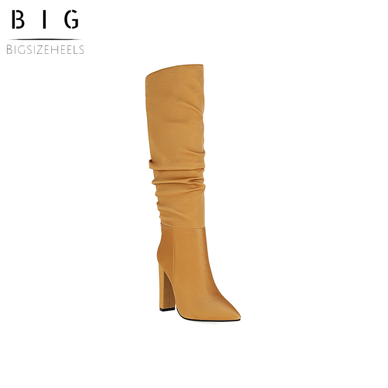 Bigsizeheels Matte pointed toe chunky heel boots-Yellow freeshipping - bigsizeheel®-size5-size15 -All Plus Sizes Available!
