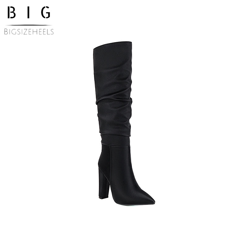 Bigsizeheels Matte pointed toe chunky heel boots-Black freeshipping - bigsizeheel®-size5-size15 -All Plus Sizes Available!