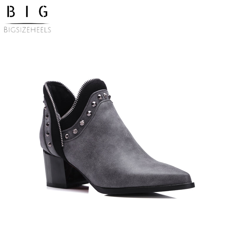 Bigsizeheels Vintage riveted ankle boots with pointed toes - Gray freeshipping - bigsizeheel®-size5-size15 -All Plus Sizes Available!