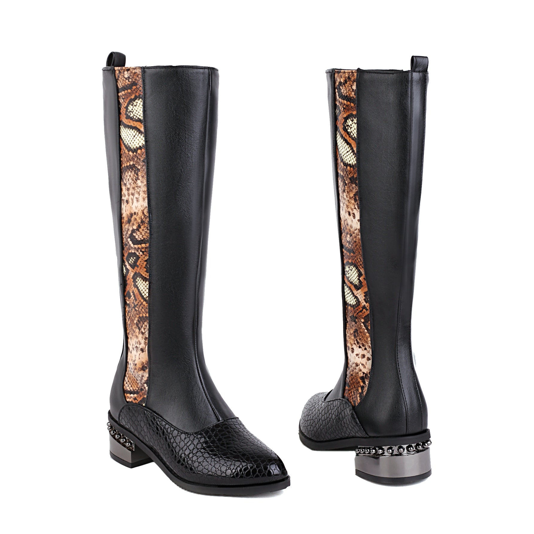 Bigsizeheels Concise snake print round toe over-the-knee boots-Black freeshipping - bigsizeheel®-size5-size15 -All Plus Sizes Available!