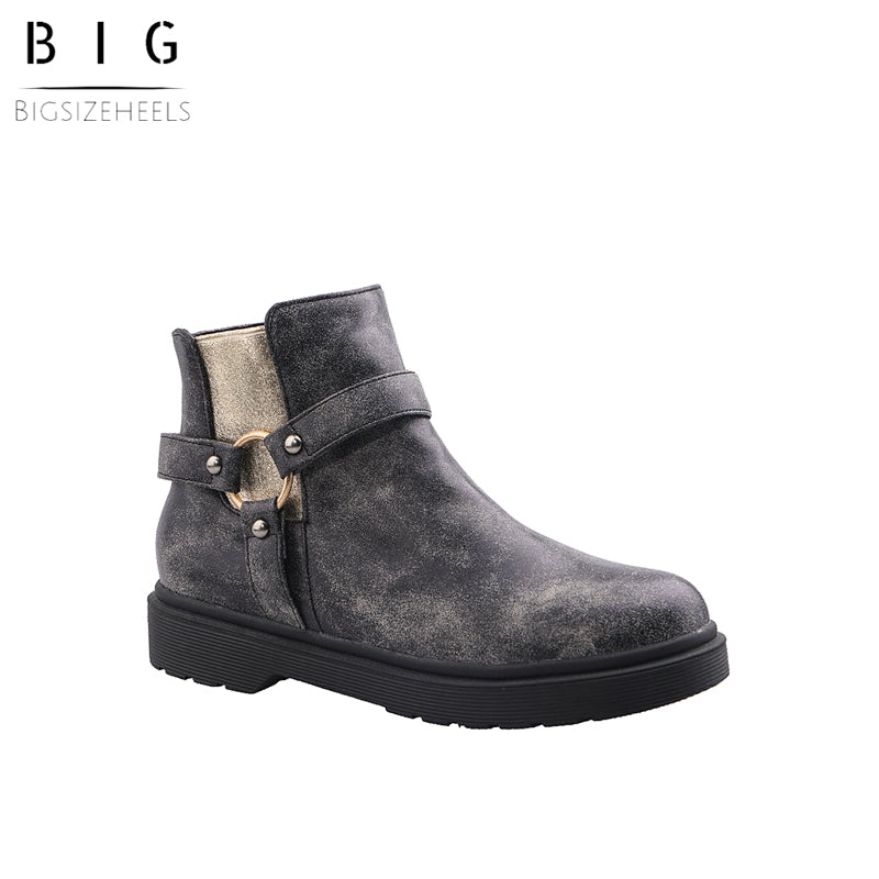 Bigsizeheels Round toe trim punk flat ankle boots - Black freeshipping - bigsizeheel®-size5-size15 -All Plus Sizes Available!