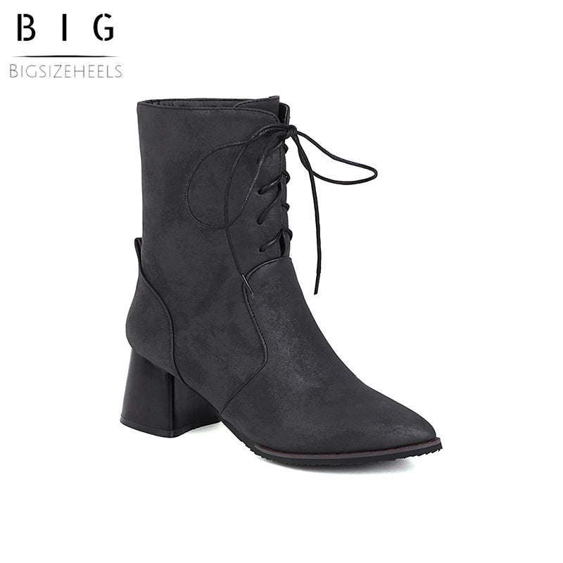 Bigsizeheels Pointed square heel lace-up ankle boots - Black freeshipping - bigsizeheel®-size5-size15 -All Plus Sizes Available!